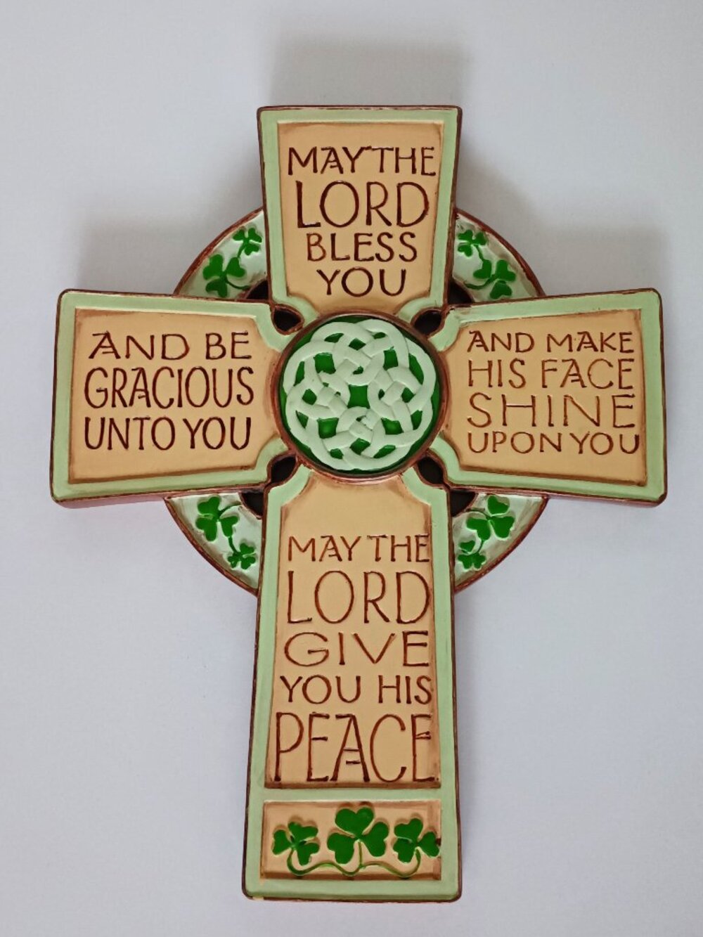 Irish Blessing Cross Wall Hanging Celtic knot and Shamrock Motifs 8"x6" EUC